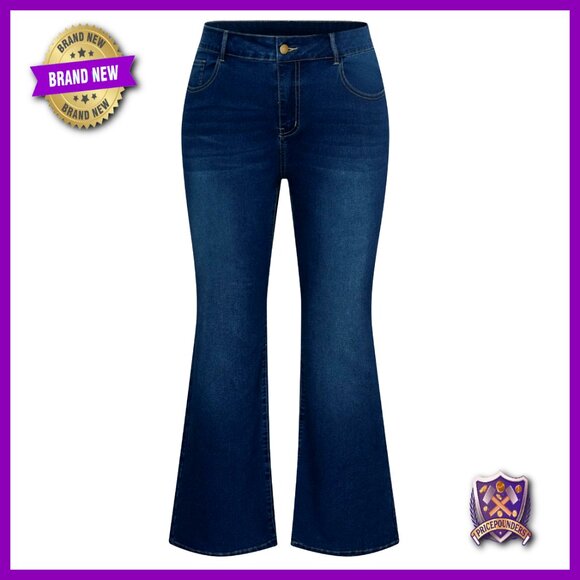 Plus Size High Waisted Flared Jeans Stretchy Denim Bell Bottom Pockets